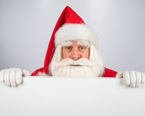 Naklejka premium Santa Claus peeks out from behind an ad on a white background. Merry Christmas.