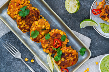 Spicy sweetcorn and sweet potato cakes with the fresh herb dip