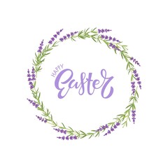 Easter Wreath. Round frame with lavander plant and Happy Easter handdrawn calligraphy lettering Print for card, greeting card, banner, invitation. Flat vector spring floral illustration.