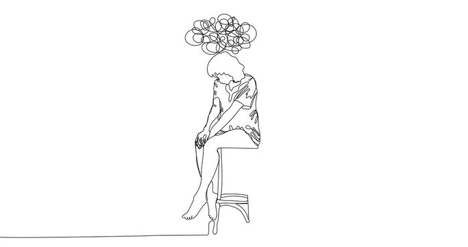 Animated continuous line drawing of  woman feeling desperate. Concept of support female with psychological problems. Online therapy and counselling for people under stress and depression