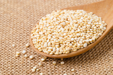 Raw, whole, unprocessed quinoa seed in wooden spoon.