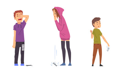 Fototapeta premium Teenage Girl and Boy Dropping Their Smartphone by Accident Vector Set