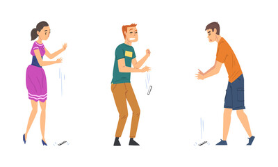 Obraz premium Young Man and Woman Dropping Their Smartphone by Accident Vector Set