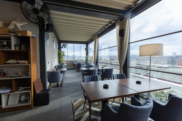 Interior of an empty hotel restaurant