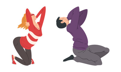 Panicked Man and Woman Afraid of Something Sitting on the Floor and Shouting with Fear Feeling Scared and Terrified Vector Set