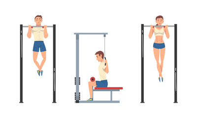 Naklejka premium Man and Woman at Gym Training with Sport Machine Vector Set