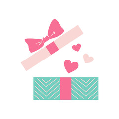 Festive open gift box with pink bow and hearts for Mother's Day and Valentine's Day. 