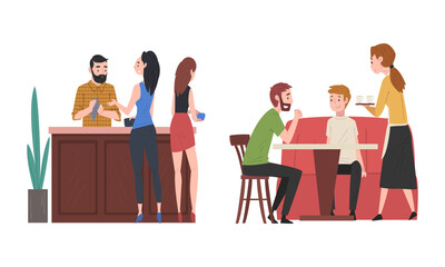 People Character Sitting at Cafe Table with Waitress Serving Them Vector Set