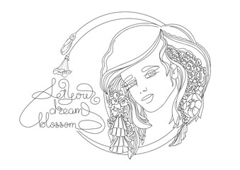 Young woman with flowers in hair. Lettering. Outline vector illustration.