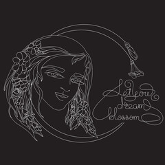 Young woman with flowers in hair. Lettering. Outline vector illustration.