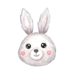 Face or head of cute grey bunny. Muzzle of funny animal isolated on white background. Watercolor illustration in cartoon style for children