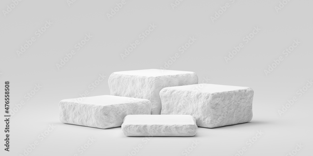 Poster White stone plate cosmetic podium 3d background or abstract empty product display floor platform broken and blank rock stage stand on plaster concrete pedestal backdrop with natural marble show scene.