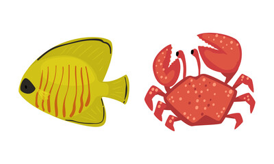 Underwater Animals with Crab and Fish Vector Set