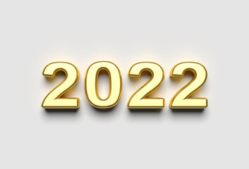 Metallic Gold 2022 new year 3d render illustration isolated on white background, laying flat on a surface.