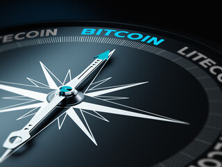 Compass Needle Points Bitcoin and Others Written with Litecoin