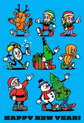Hand-drawn Flat Design Trendy Cartoon Christmas Characters. Vintage Toons Retro Cartoon. Vector Illustration.
