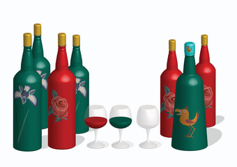 3D image of bottles and glasses of red and green wine on white background