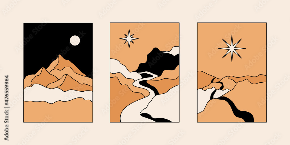 Aufkleber Vector illustration in simple line style - boho abstract print - simple natural landscape with mountains and hills
