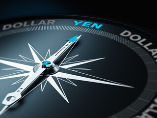 Compass Needle Points Yen and Others Written with Dollar