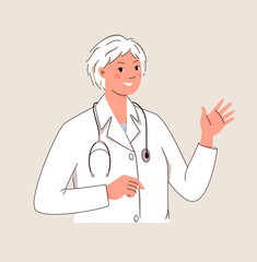 Smiling medical doctor in white coat with stethoscope waves his hand in greeting. Avatar for advertising, site illustration, icon. Flat cartoon Vector.