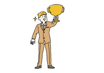 大きな金杯を片手で抱え喜ぶスーツ姿の男性　プロジェクト成功を祝う　ゆるい線画のイラスト　