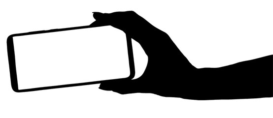 illustration of a silhouette of a hand holding the smartphone with blank screen isolated white background.  hands using phone