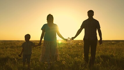 Child, mma, dad are walking and holding a paper house in their hands, the concept of family housing. Happy family walking in the summer park in the sunshine. Silhouette. Parents and son dream together