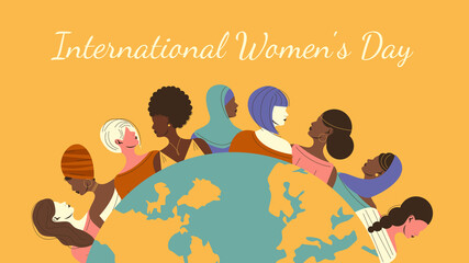 Obraz na płótnie Canvas Women of different nationalities and planet earth. International Women's Day. Vector stock illustration. 