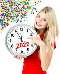 New Year 2022. Five to twelve. Girl clock party decoration