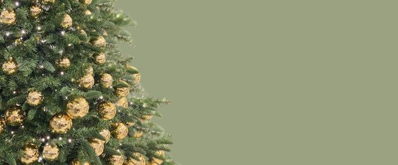 Christmas tree golden baubles lights. Long green banner