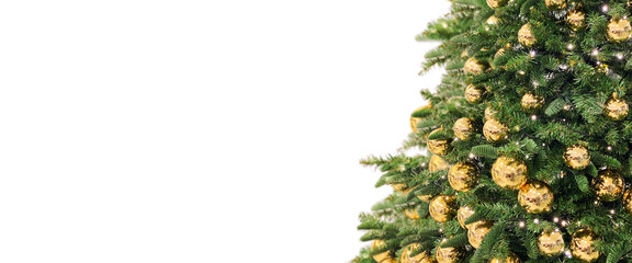Christmas tree with golden baubles lights. Long banner