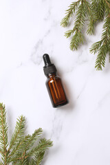 Skin care cosmetic product on white marble background, top view. Anti age face care procedures. Winter skin care products. Festive cosmetic sale concept.
