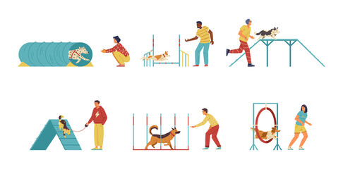 People training their dogs on agility field flat vector set. Isolated.