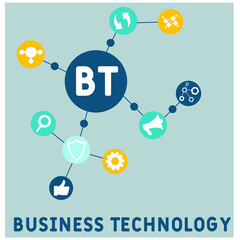 BT - Business Technology acronym. business concept background. vector illustration concept with keywords and icons. lettering illustration with icons for web banner, flyer, landing page