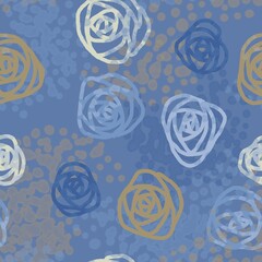 A seamless doodle-style pattern of multi-colored flowers on a blue background with spots.
