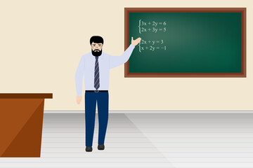 Teacher showing math system on the school board, vector illustration