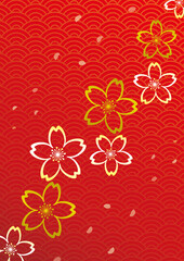 金の桜と青海波のかっこいい和風背景　着物や日本イメージ　縦