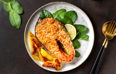 Salmon steak baked on a plate