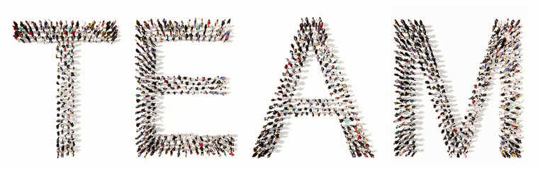 Concept conceptual large community of people forming TEAM word. 3d illustration metaphor for business,  teamwork, management, cooperation, idea, solution, strategy, success and achievement