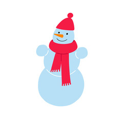 Smiling snowman in red hat and scarf. Flat vector illustration isolated on white.