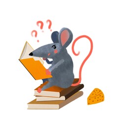 Funny cartoon rat reading a book. A smart mouse in a bookstore or library. A learned animal  on a white background. Design for children and design of websites, mugs, T-shirts.