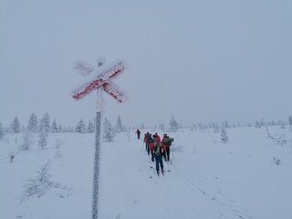 Cross country tour skiing in the snowy mountain of Sälen in Dalarna, Sweden