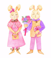 Hand painted watercolor romantic illustration.Cute rabbits.For valentine's day,birthday card.