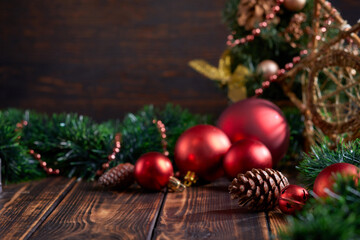 Christmas decoration on the wooden background