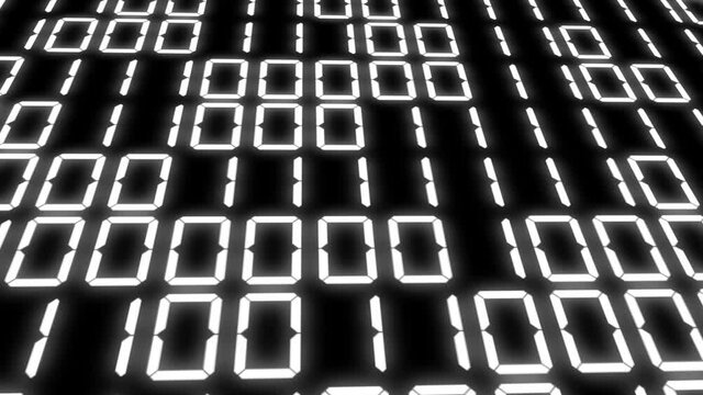 黒背景　白字　デジタル数字　二進数　乱数　7セグメント　背景　モーショングラフィックス
