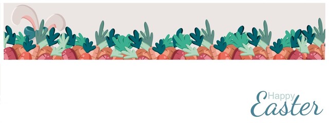 Colourful Easter horizontal banner with copy space. Carrots with Easter bunny ears. Happy Easter in trendy pastel colour. Design in cartoon style.