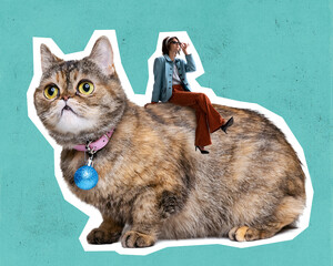 Contemporary art collage, modern design. Retro style. Minimalism. Huge domestic cat and tiny girl...