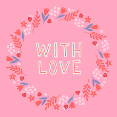 Valentine's Day wreath with tulips, hearts and leaves. Vector illustration