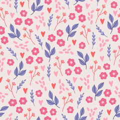 Valentine's Day seamless pattern with flowers, hearts, leaves and branches