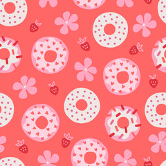 Valentine's Day seamless pattern with flowers, strawberries and donuts